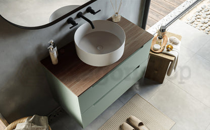 Mobile bagno muschio 80x45 Mango due cassetti soft close con top noce e lavabo tondo da appoggio in ceramica lucida