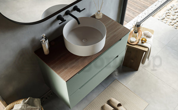 Mobile bagno muschio 80x45 Mango due cassetti soft close con top noce e lavabo tondo da appoggio in ceramica lucida