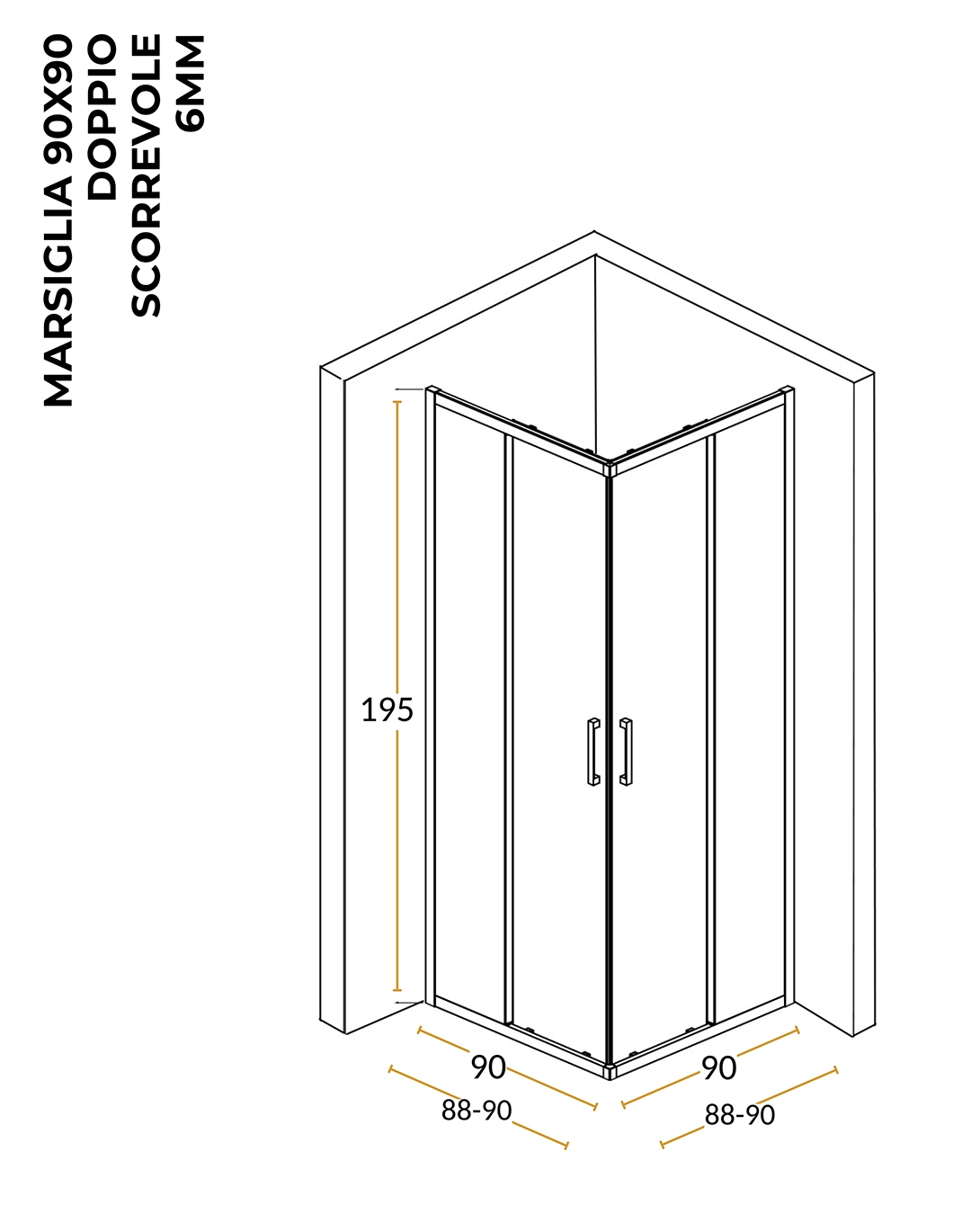 Box doccia 90x90 Marsiglia due scorrevoli reversibile trasparente H 195 cromo