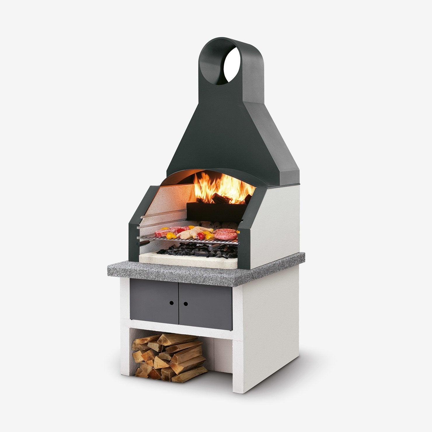 Palazzetti Maxime 2 barbecue con grill cappa antracite Grigio accesa in soggiorno, fiamma visibile attraverso il vetro