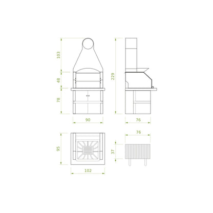 Palazzetti Maxime 2 barbecue con grill e cappa metallo antracite cassetto cenere Piano in Marmotech effetto granito grigio