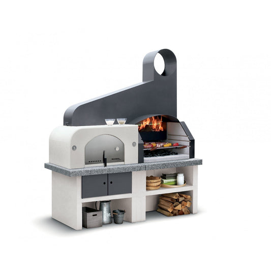 Palazzetti Maxime 2 barbecue con grill e forno a legna con cappa metallo antracite piano in Marmotech effetto granito grigio
