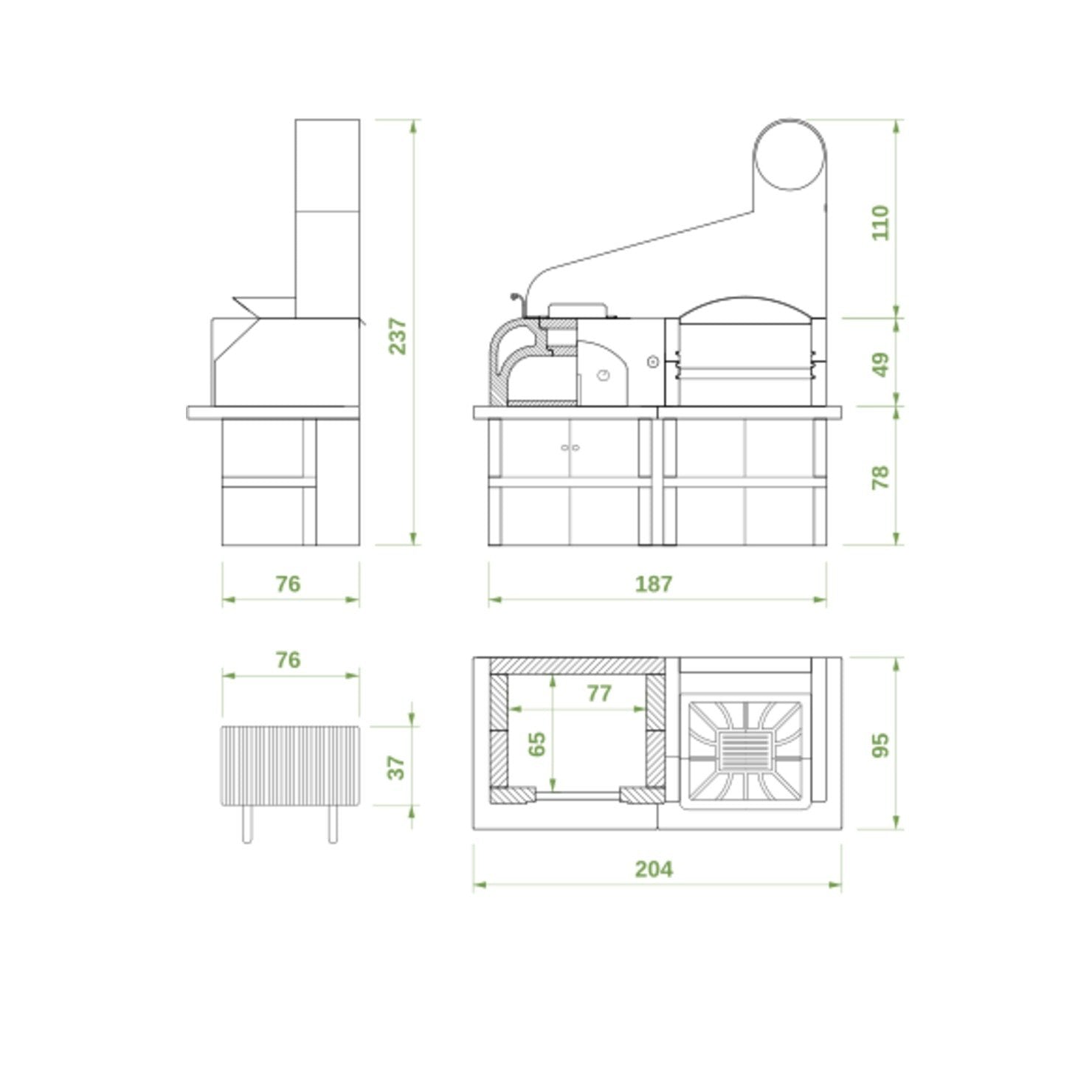 Schema tecnico di installazione di Palazzetti Maxime 2 barbecue con forno a legna grill cappa con canna fumaria