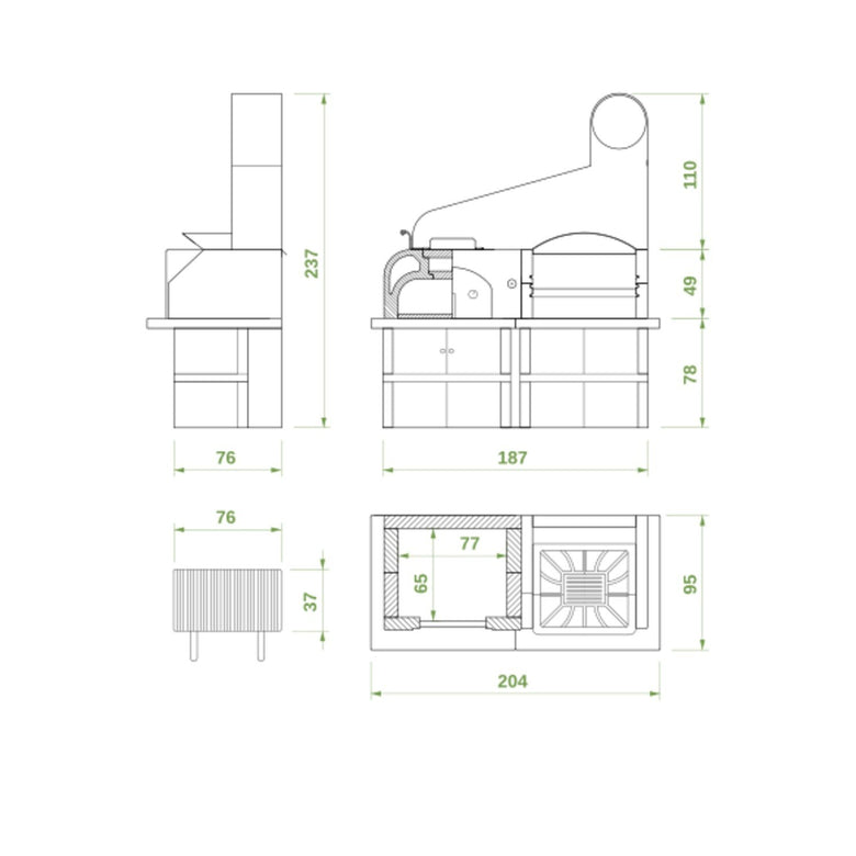 Schema tecnico di installazione di Palazzetti Maxime 2 barbecue con grill e forno a legna e Grigio con canna fumaria