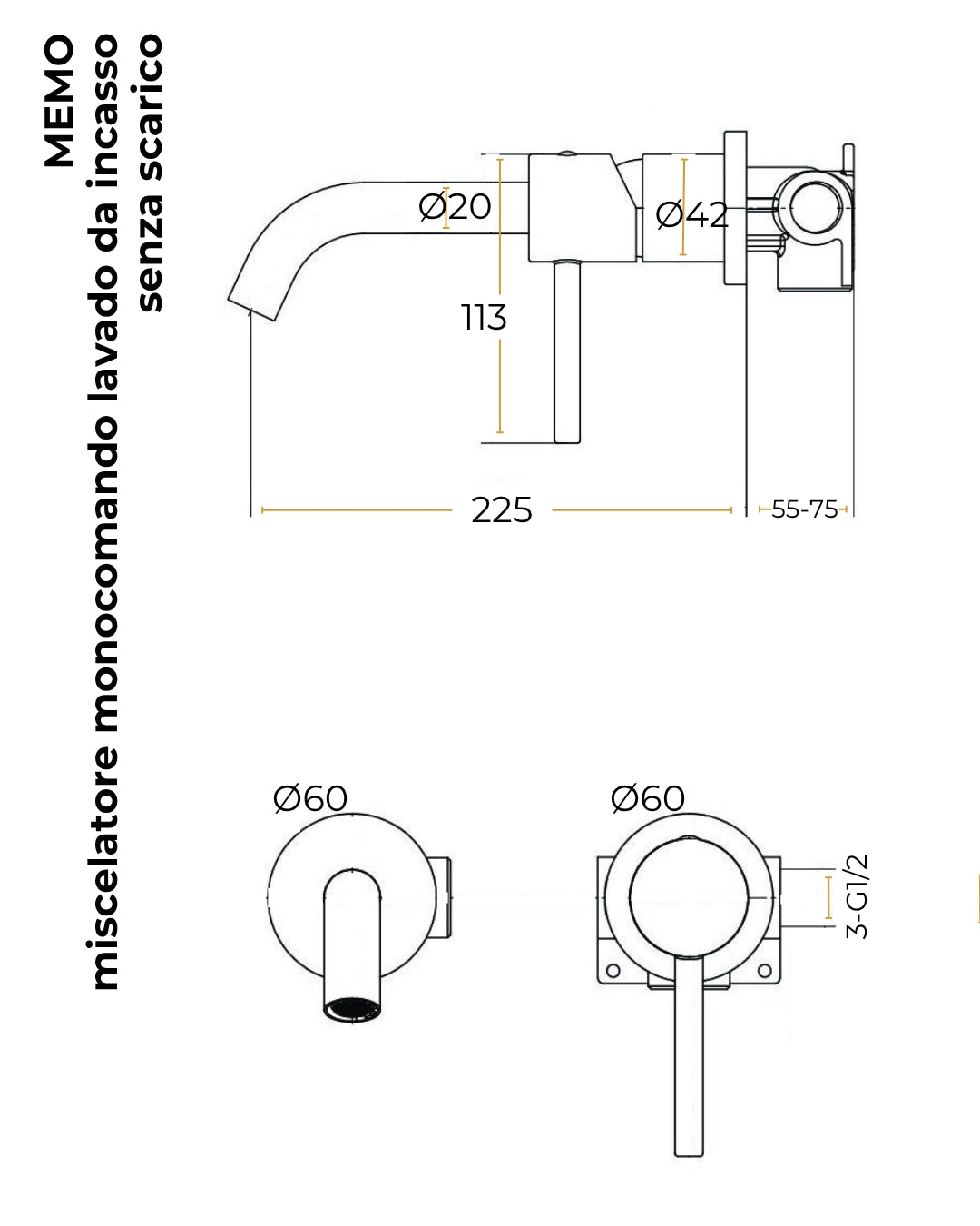 Miscelatore lavabo incasso a muro grigio metallico Memo