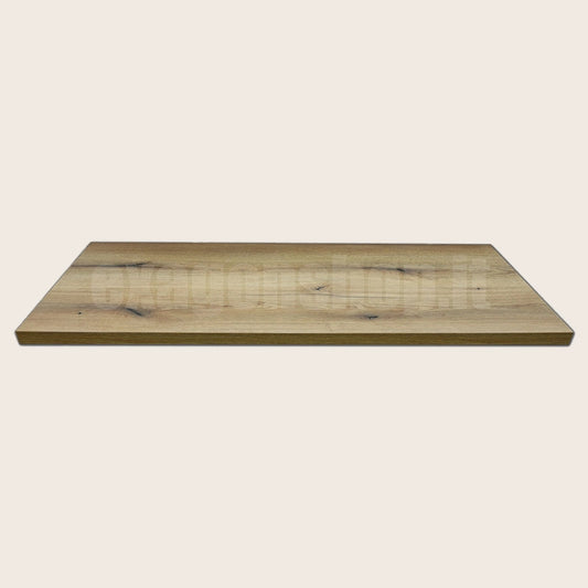 Mensola 60x46 per lavabo appoggio rovere senza foro senza Rovere Naturale con lavabo e rubinetteria, vista frontale su...