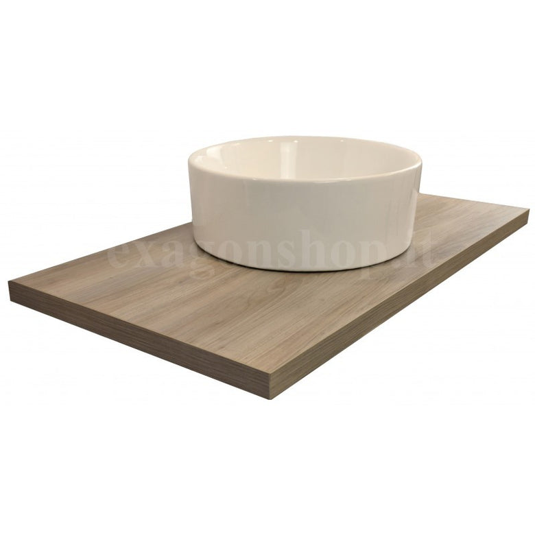 Mensola 90x50 con lavabo tondo 41 cm da appoggio in ambientato in bagno moderno con specchio e accessori - Exagonshop