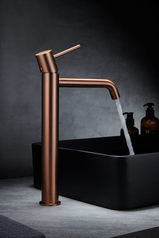 Rubinetto miscelatore alto per lavabo senza scarico in ottone oro rosa spazzolato Memo