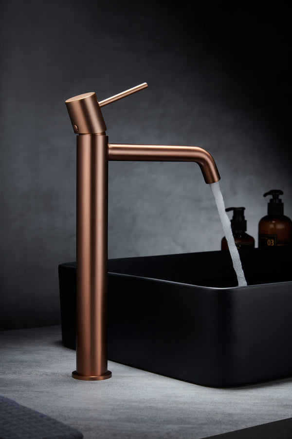 Rubinetto miscelatore alto per lavabo senza scarico in ottone oro rosa spazzolato Memo