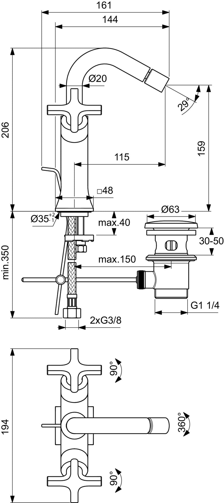 Ideal Standard Joy Neo Miscelatore bidet due leve con Cromo Lucido, vista frontale della maniglia e della bocca di erogazione