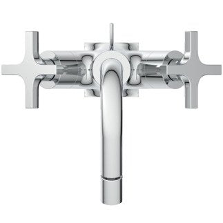 Ideal Standard Joy Neo Miscelatore bidet due leve con Cromo Lucido, dettaglio ravvicinato della finitura e del marchio