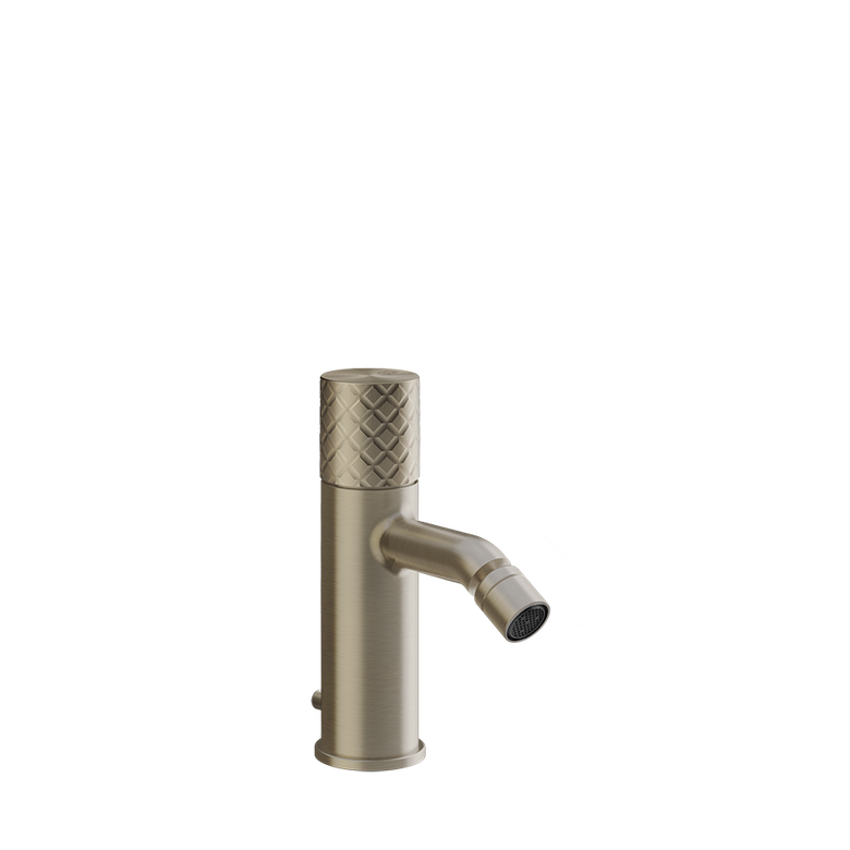 Gessi Miscelatore bidet con scarico brass brushed pvd, vista frontale della maniglia e della bocca di erogazione