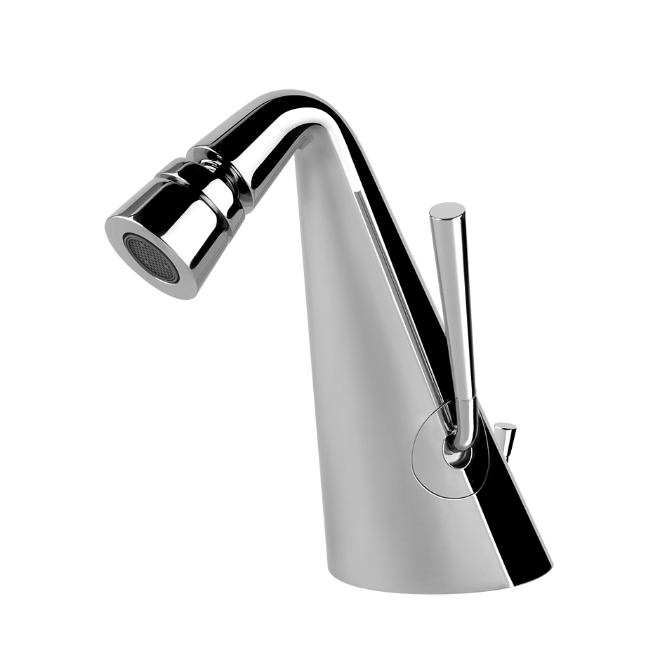 Gessi Cono Miscelatore Bidet Con Scarico Cromo, vista frontale della maniglia e della bocca di erogazione