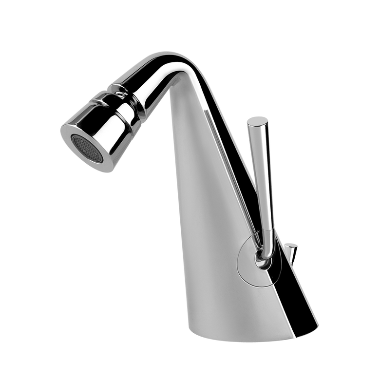 Gessi Cono Miscelatore Bidet Con Scarico Cromo, vista frontale della maniglia e della bocca di erogazione