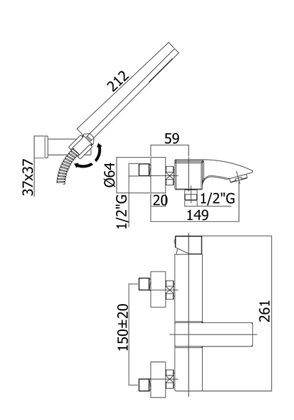 Miscelatore esterno vasca con doccetta supporto a muro snodato in abs e flessibile cromo lec023 level paffoni