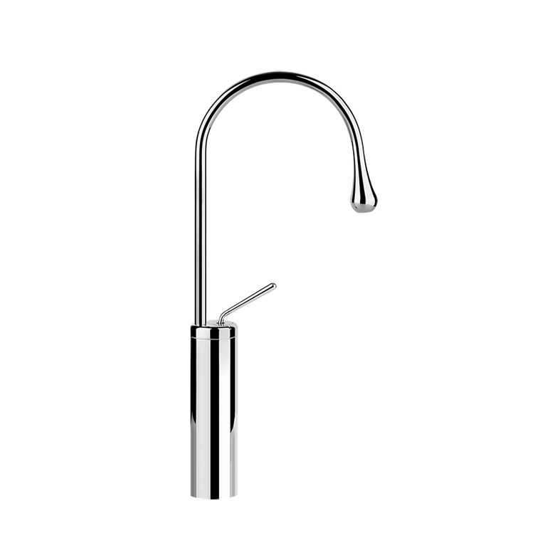 Gessi Goccia Miscelatore lavabo alto bocca corta senza Cromo Lucido ambientato su piano bagno con accessori