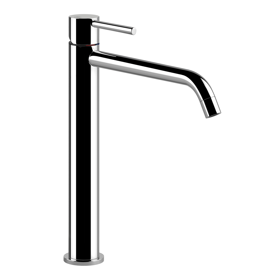 Via Tortona Gessi Miscelatore Lavabo Alto Bocca Lunga Senza Cromo Lucido ambientato su piano bagno con accessori