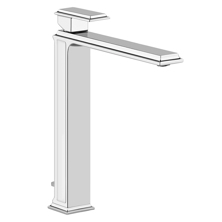 Gessi Eleganza Miscelatore lavabo alto con scarico cromo ambientato su piano bagno con accessori