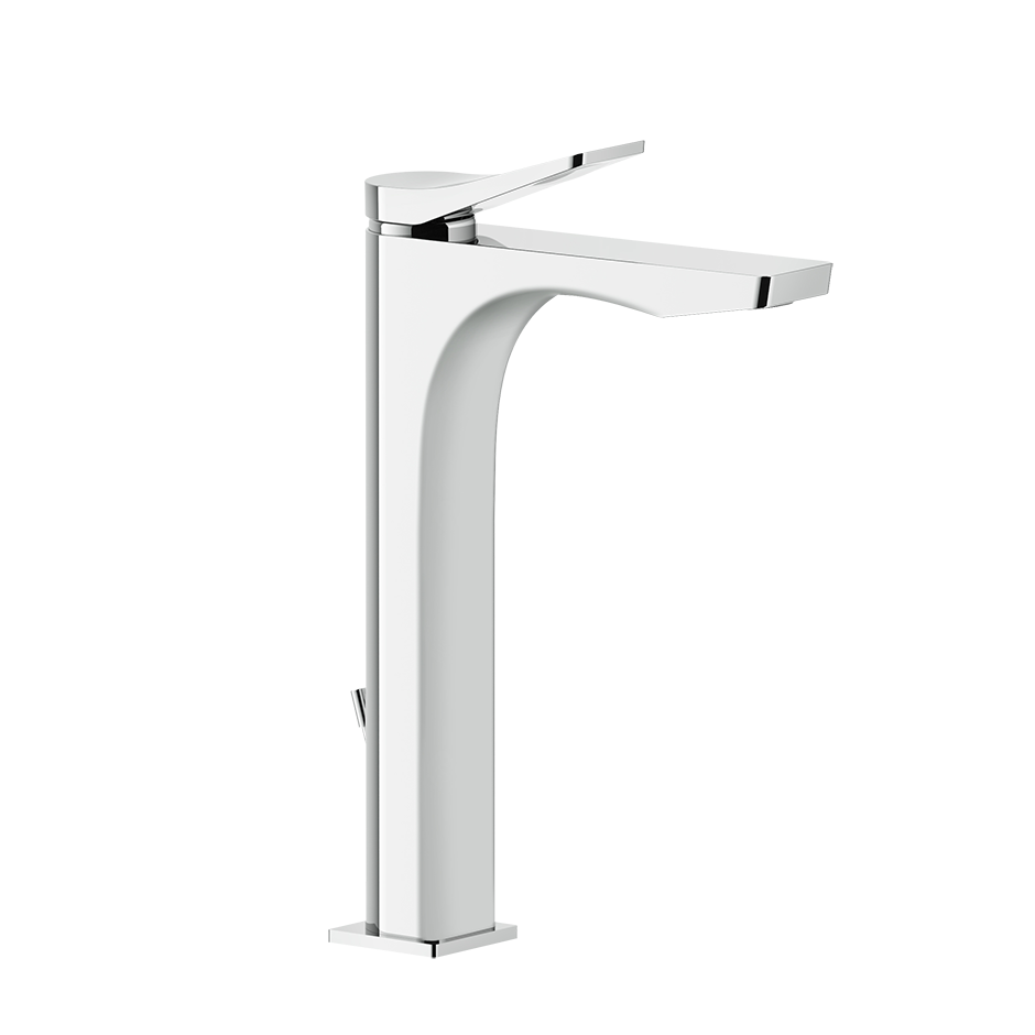 Gessi Rilievo Miscelatore lavabo alto con scarico cromo Cromo Lucido ambientato su piano bagno con accessori