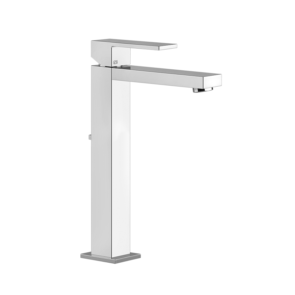Gessi Rettangolo Miscelatore lavabo alto con scarico e Cromo Lucido ambientato su piano bagno con accessori