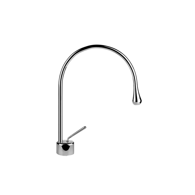 Gessi Goccia Miscelatore lavabo bocca media senza scarico Cromo Lucido ambientato su piano bagno con accessori