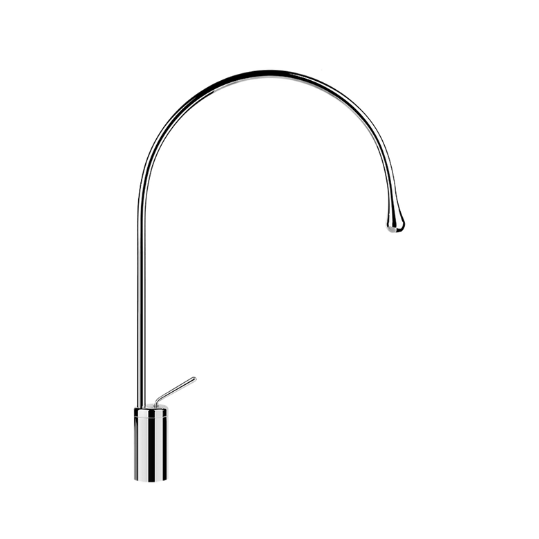 Gessi Goccia Miscelatore lavabo medio bocca lunga senza Cromo Lucido ambientato su piano bagno con accessori
