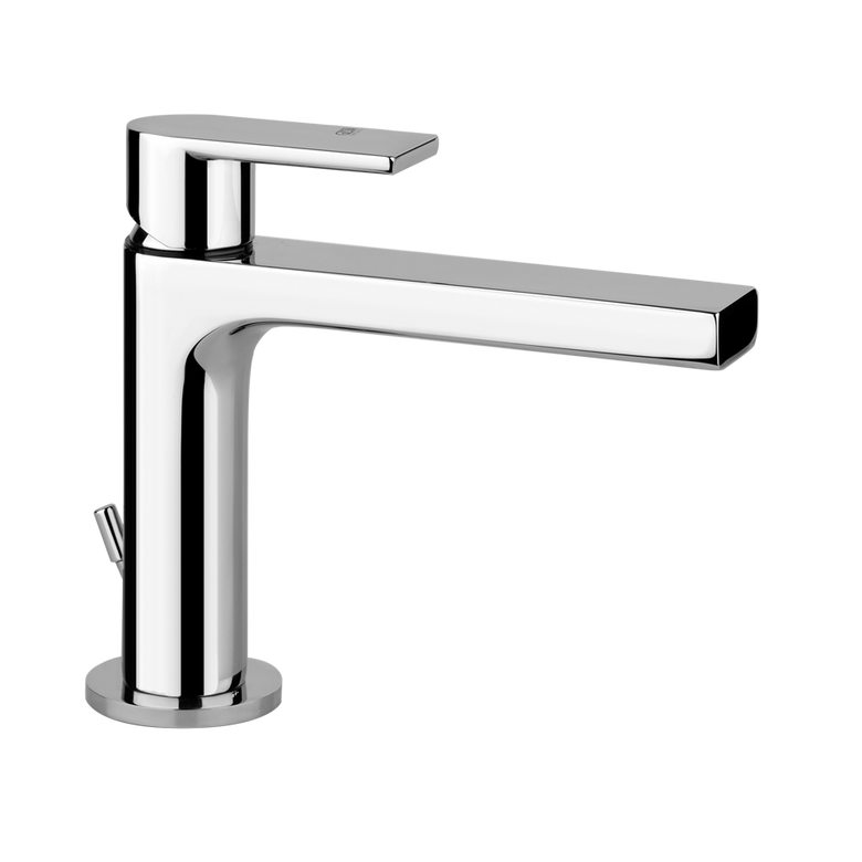 Via Manzoni Gessi Emporio Miscelatore lavabo Monocomando Cromo Lucido ambientato su piano bagno con accessori