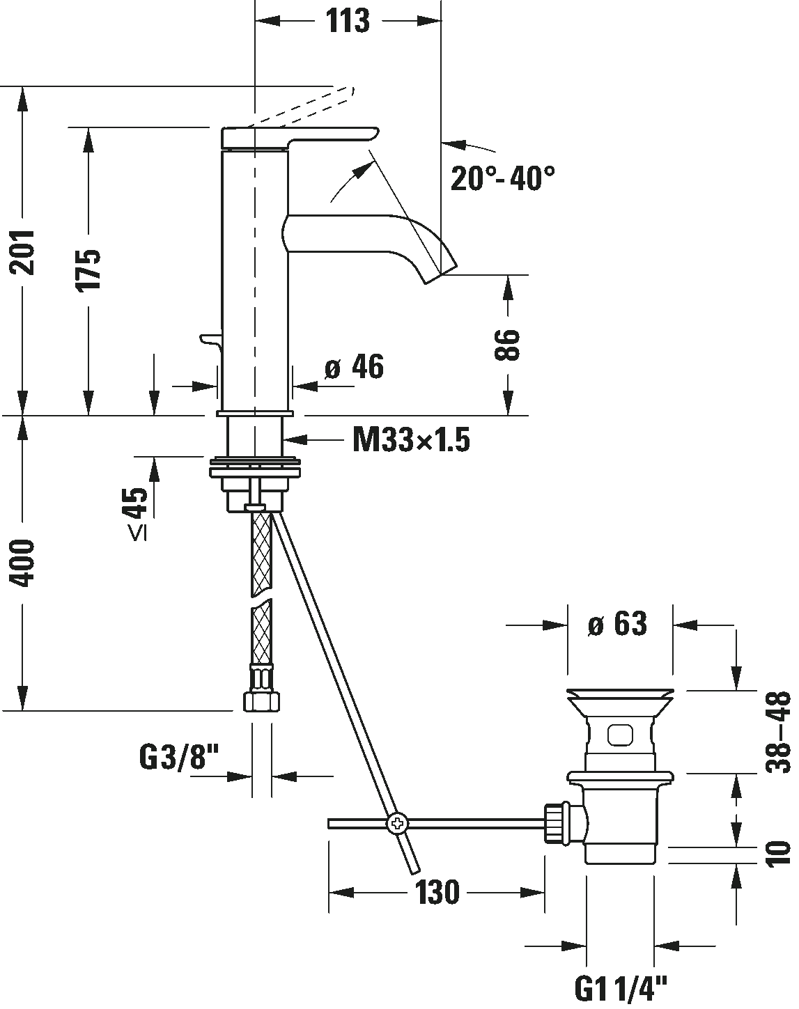 Duravit C1 Miscelatore lavabo Monocomando con scarico cromo, vista frontale su sfondo bianco