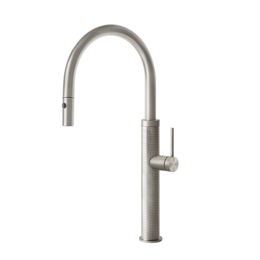 Miscelatore Lavello Monocomando Con Canna Giravole E Doccetta Estraibile Doppio Getto Steel Brushed 60026 Gessi