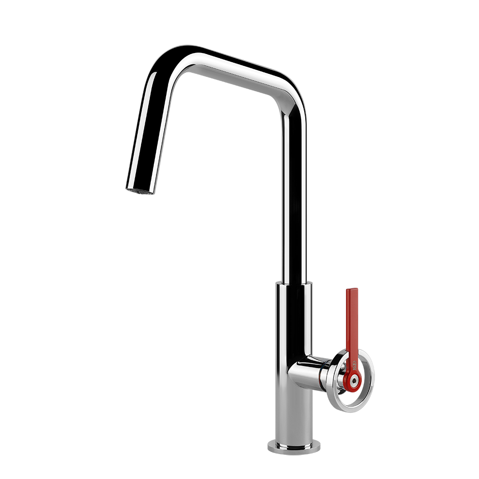 Miscelatore lavello monocomando con canna girevole cromo Cromo Lucido installato su lavello, vista della bocca e della leva