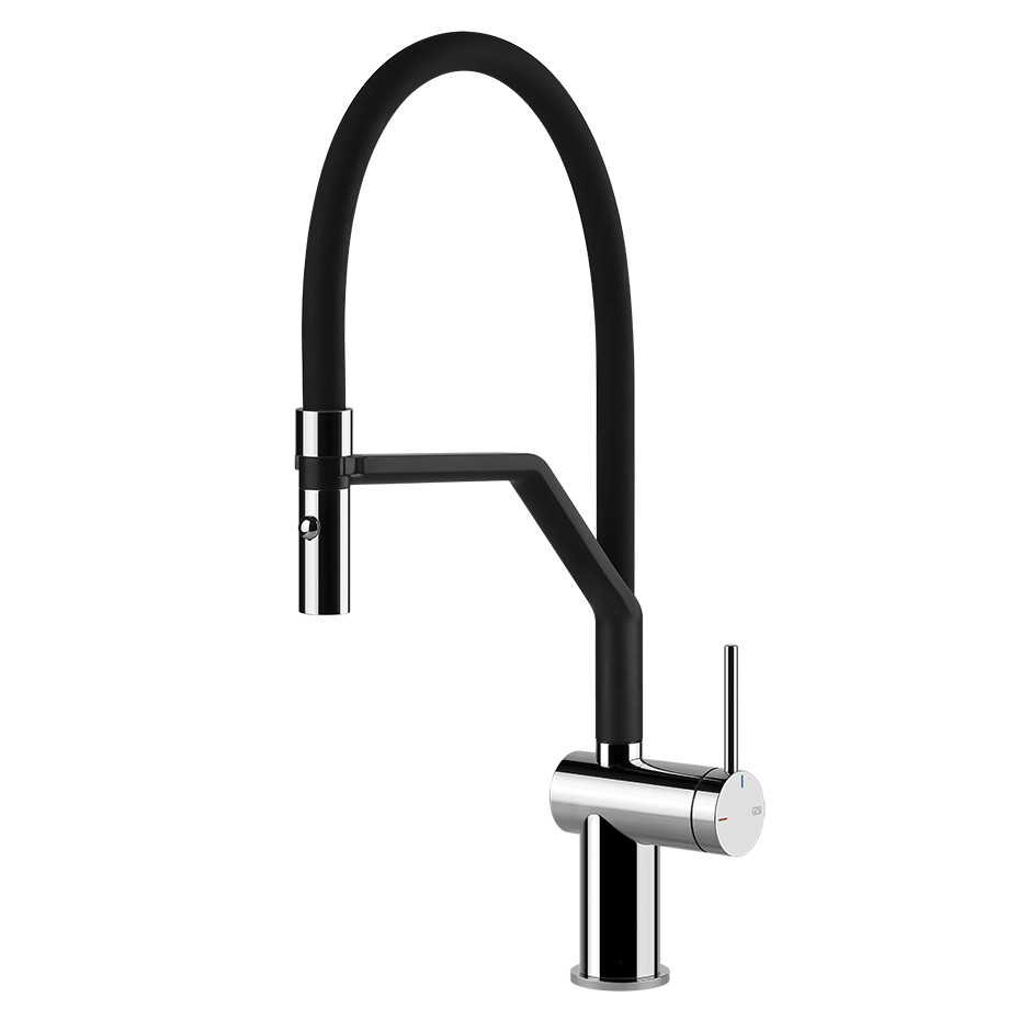 Miscelatore lavello monocomando semi professionale con Nero Cromo installato su lavello, vista della bocca e della leva