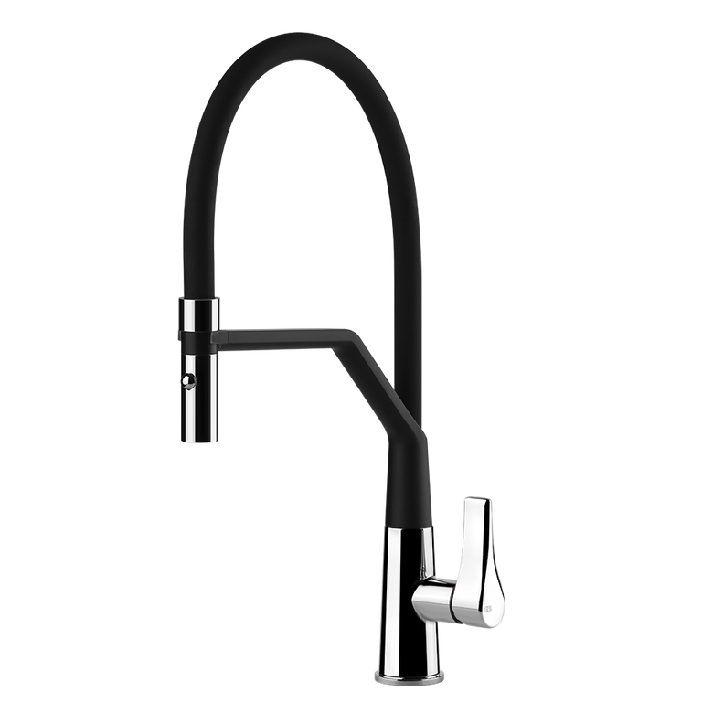 Miscelatore lavello monocomando semi professionale con installato su lavello, vista della bocca e della leva