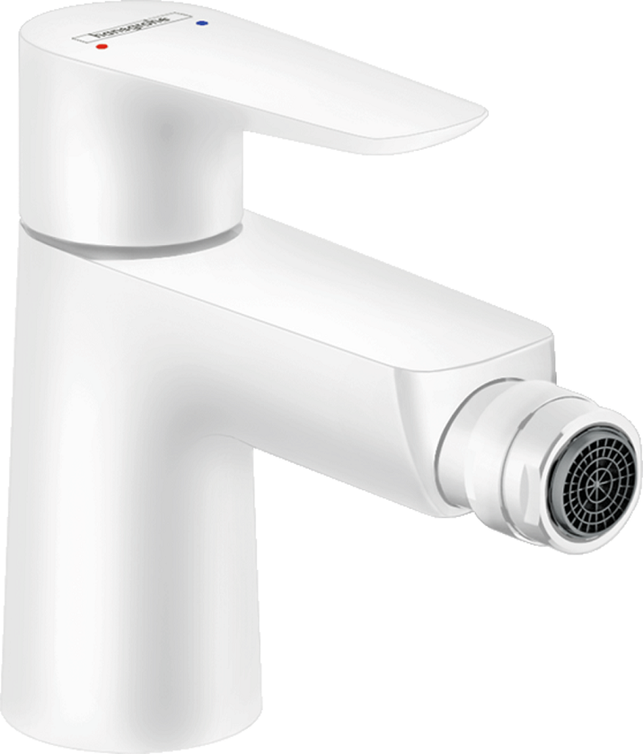 Hansgrohe Talis E Miscelatore Bidet Con Saltarello Bianco Bianco Opaco, dettaglio ravvicinato della finitura e del marchio