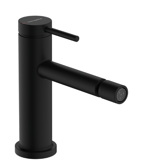 Hansgrohe Tecturis S Miscelatore bidet con salterello nero, dettaglio ravvicinato della finitura e del marchio