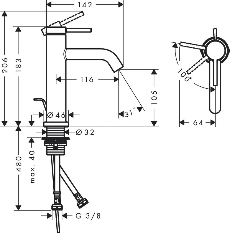 Hansgrohe Tecturis S Miscelatore lavabo 110 CoolStart nero, vista laterale del profilo e della forma