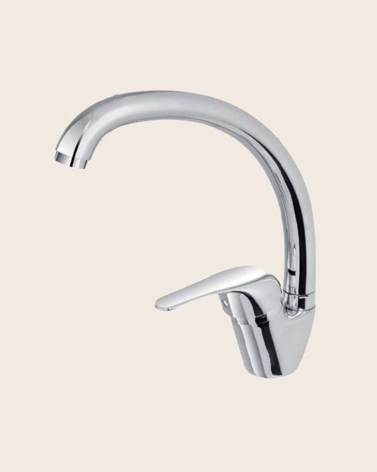 Miscelatore lavello leva orizzontale cromo Cromo Lucido installato su lavello, vista della bocca e della leva - Exagonshop