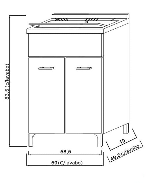 Disegno tecnico con quote di Lavatoio 60x50 con vasca in resina bianco lucido e - Exagonshop