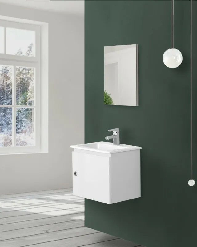 Mobile bagno 50x36 bianco laccato lavabo in ceramica e con lavabo e rubinetteria, vista frontale su sfondo neutro...