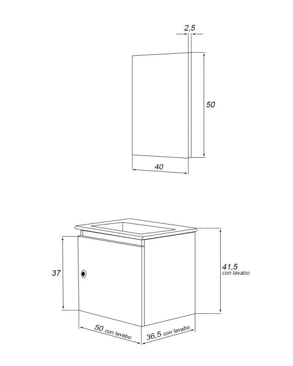 Mobile bagno 50x36 bianco laccato lavabo in ceramica e, dettaglio ravvicinato della finitura e del cassetto - Exagonshop