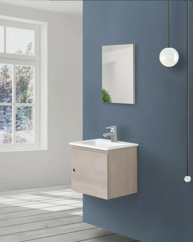 Mobile bagno 50x36 rovere chiaro lavabo in ceramica e, dettaglio ravvicinato della finitura e del cassetto - Exagonshop