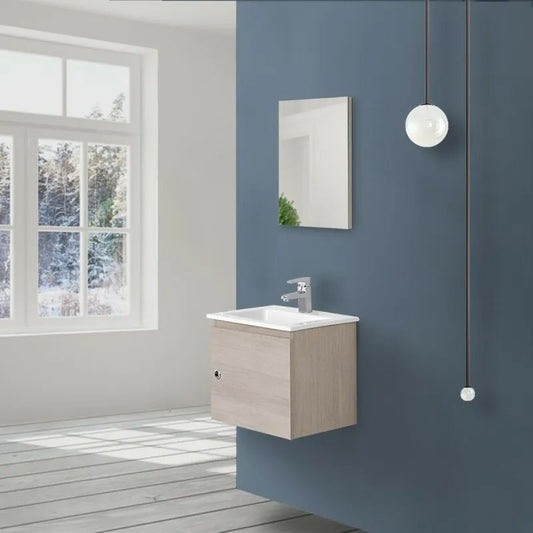Mobile bagno 50x36 rovere chiaro lavabo in ceramica e specchio Vinci