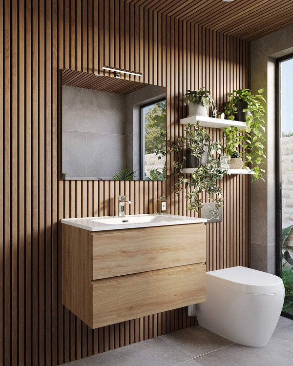 Mobile bagno 60x47 quercia con lavabo specchio e lampada Atene