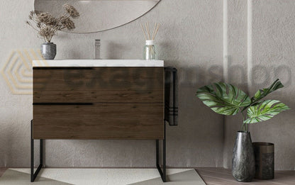 Mobile bagno Olmo scuro 80x45 Venezia a pavimento con lavabo e portasciugamani