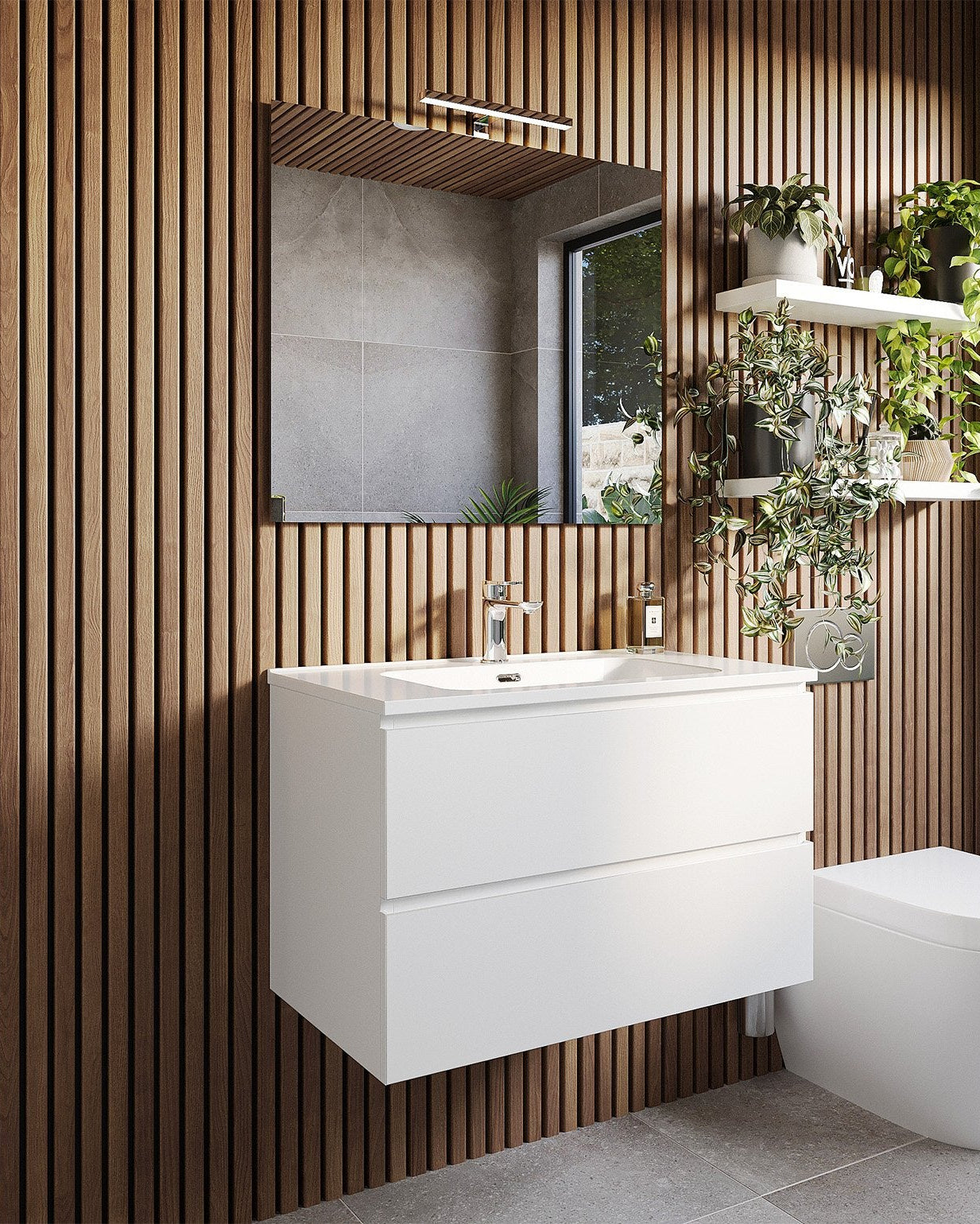 Mobile bagno 80x47 bianco lucido con lavabo specchio e con lavabo e rubinetteria, vista frontale su sfondo neutro...
