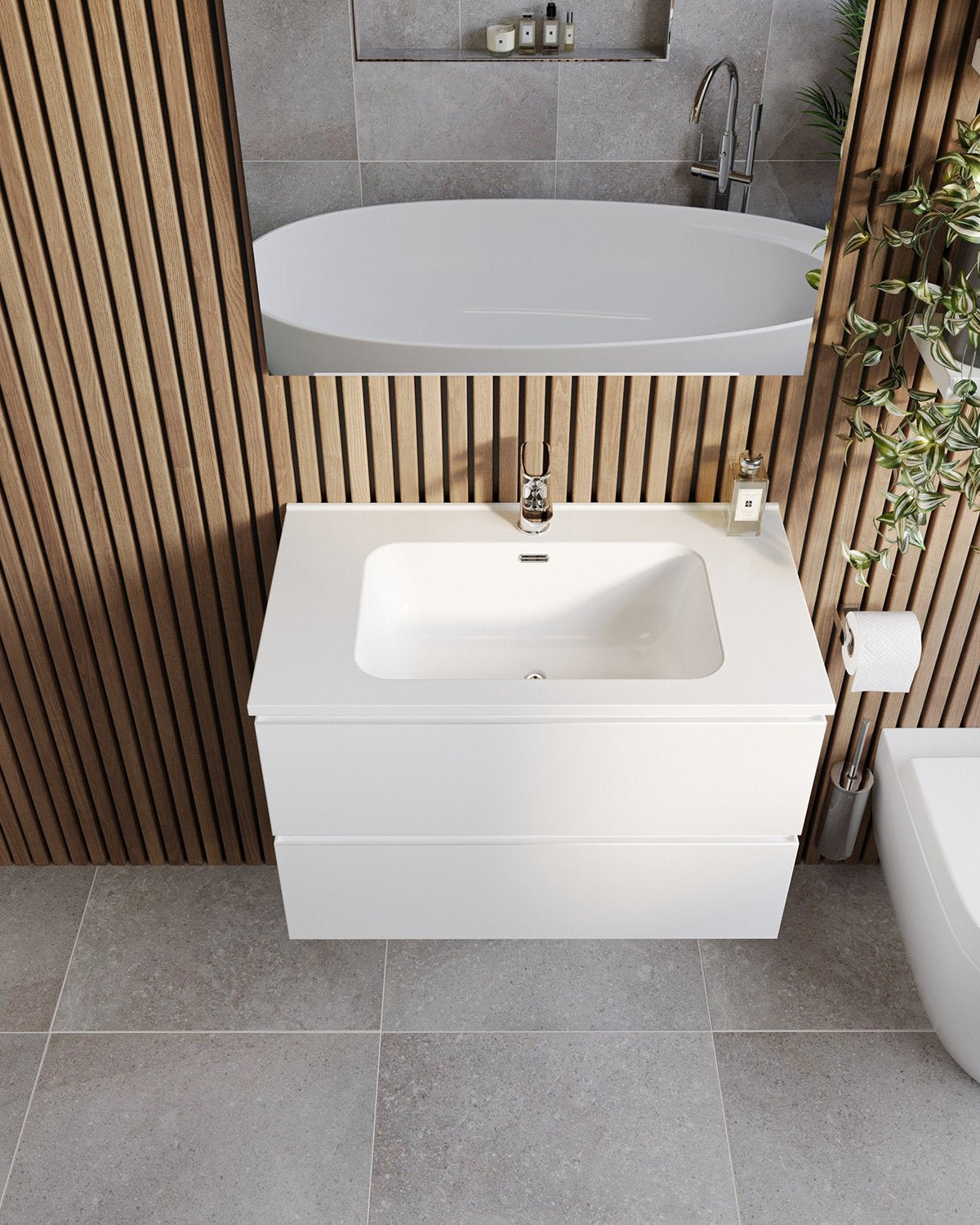 Mobile bagno 80x47 bianco lucido con lavabo specchio e, dettaglio ravvicinato della finitura e del cassetto - Exagonshop