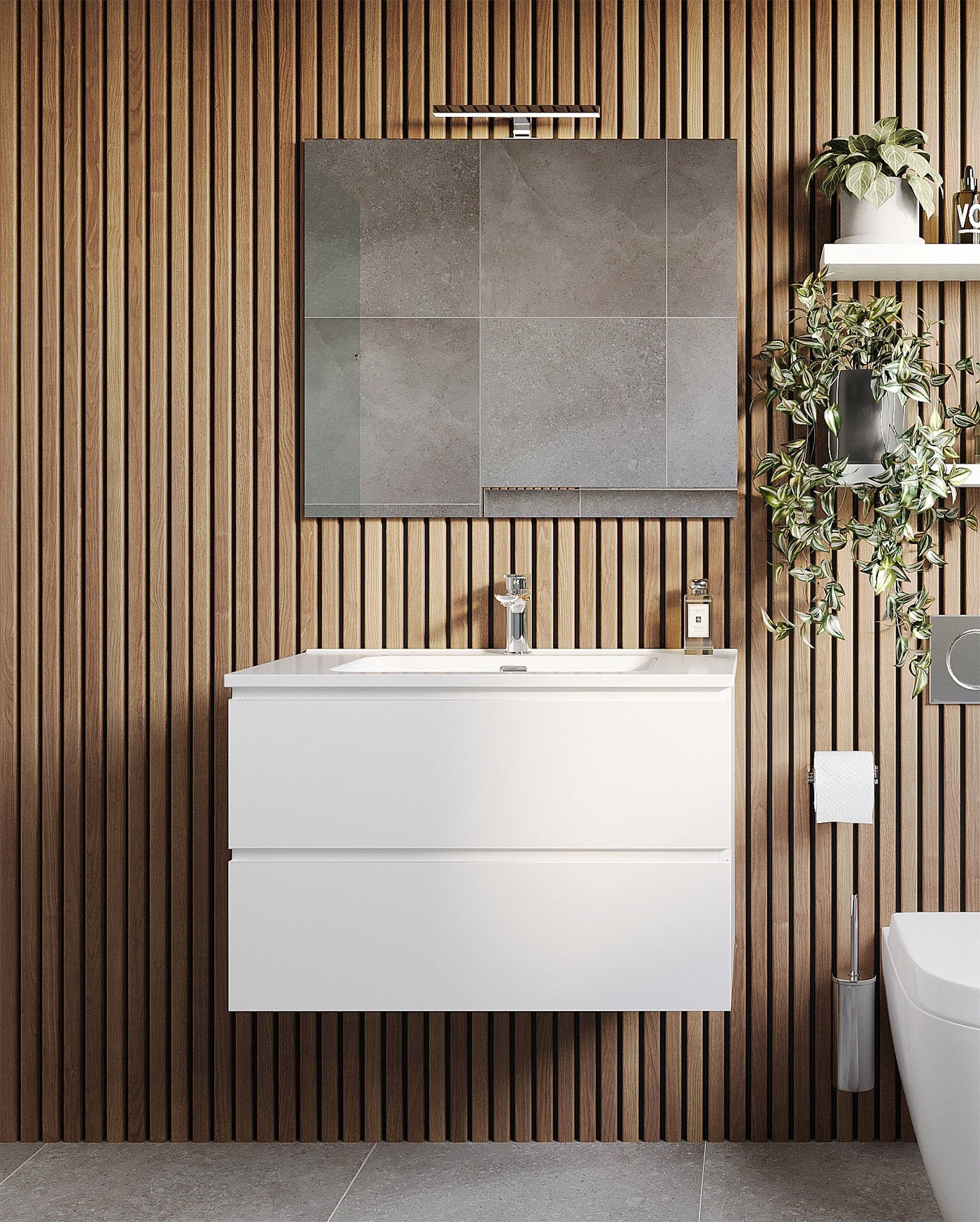 Mobile bagno 80x47 bianco lucido con lavabo specchio e ambientato in bagno moderno con specchio e accessori - Exagonshop