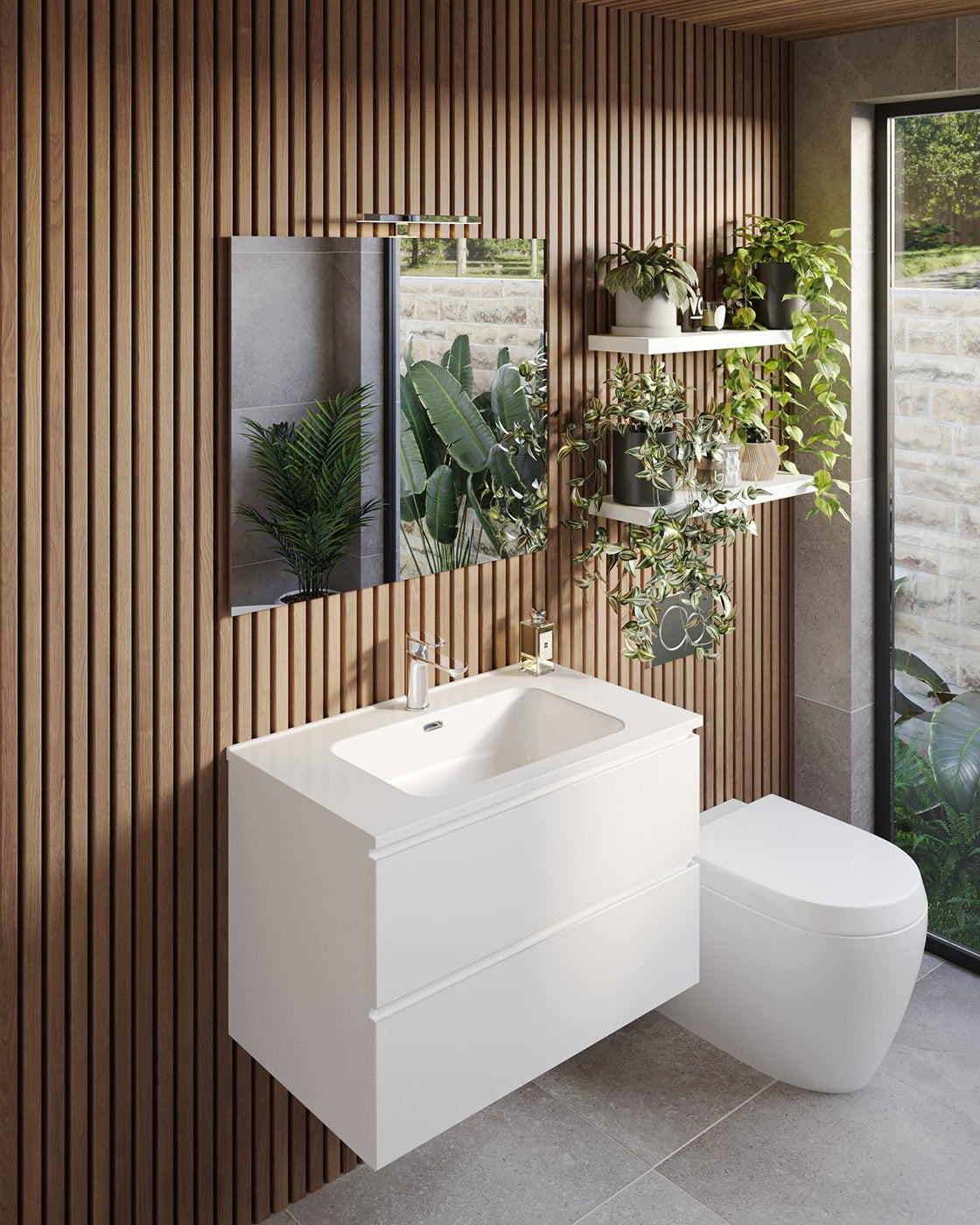 Mobile bagno 80x47 bianco lucido con lavabo specchio e con lavabo e rubinetteria, vista frontale su sfondo neutro...