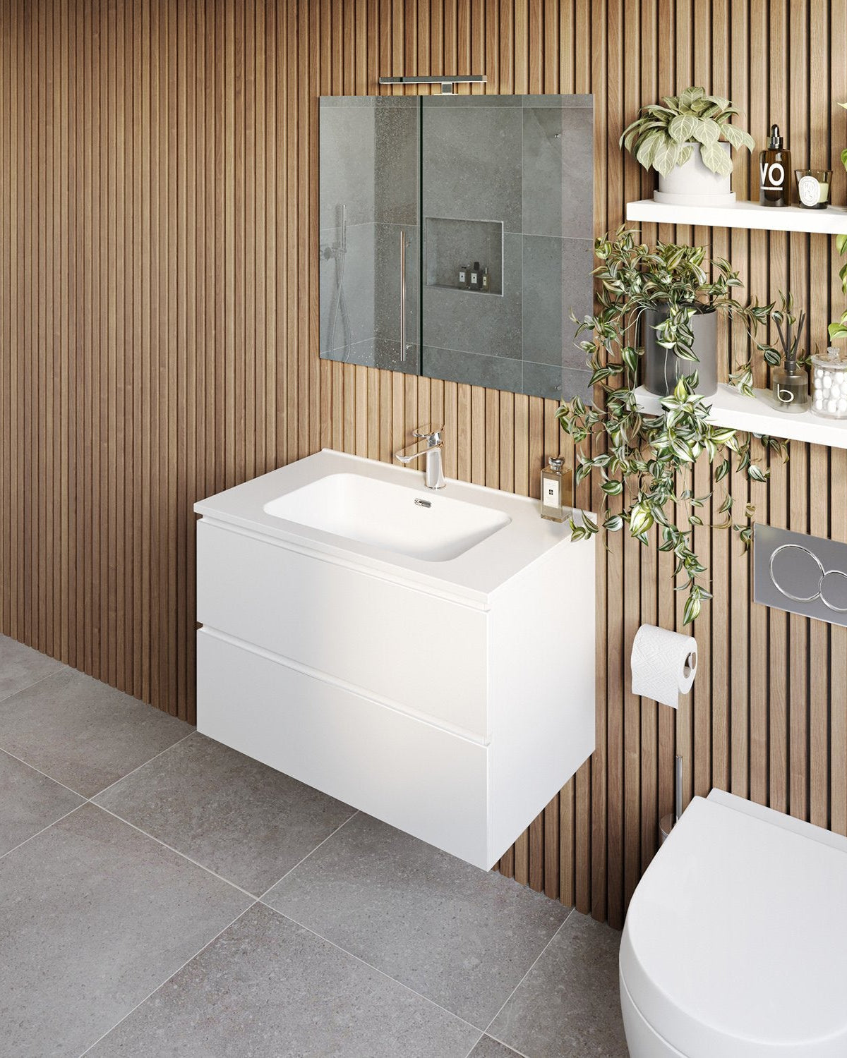 Mobile bagno 80x47 bianco lucido con lavabo specchio e, vista laterale della struttura sospesa - Exagonshop