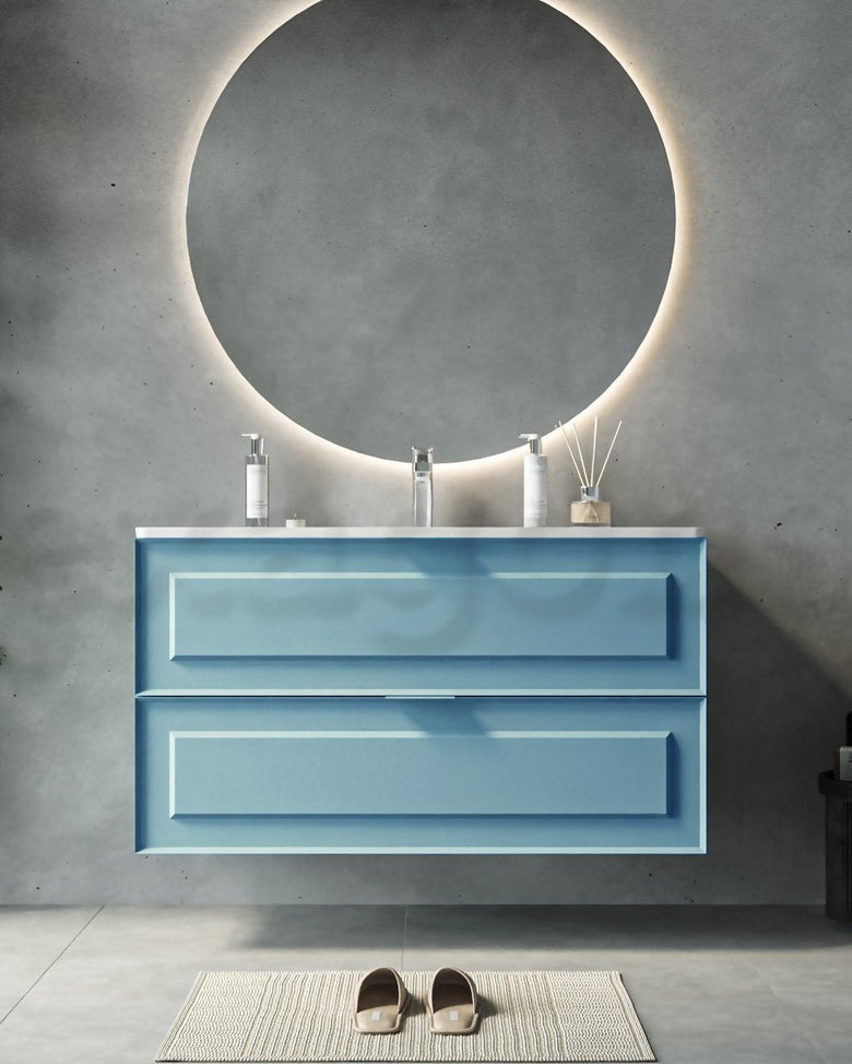 Mobile bagno azzurro opaco 82x47 Dublino con lavabo in, vista laterale della struttura sospesa - Exagonshop