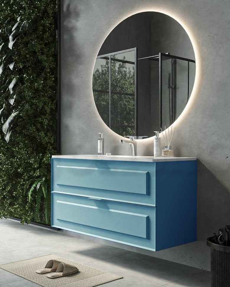 Mobile bagno azzurro opaco 82x47 Dublino con lavabo in con lavabo e rubinetteria, vista frontale su sfondo neutro...